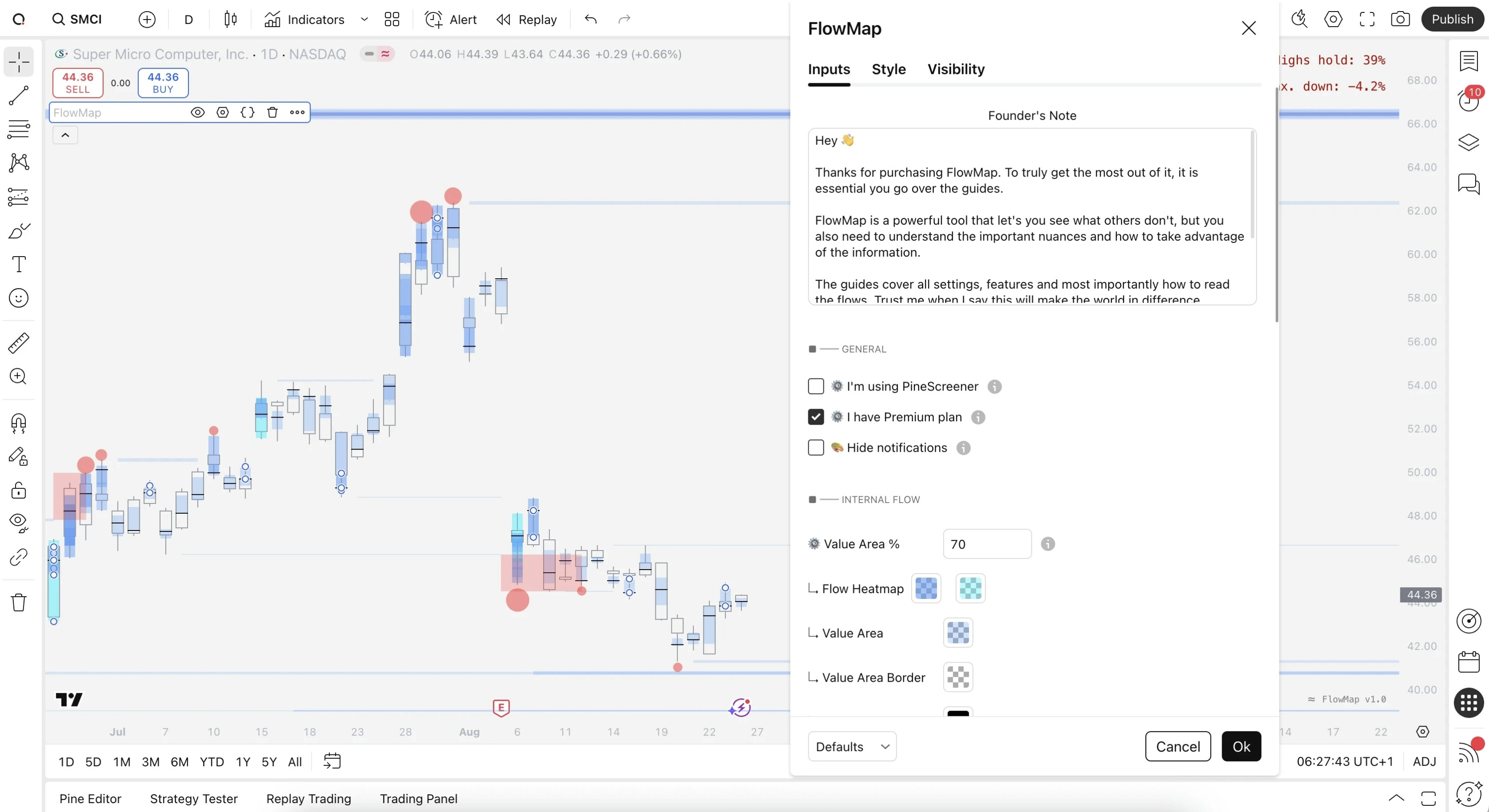 Illustration showing how to enable most accurate available data for FlowMap indicator
