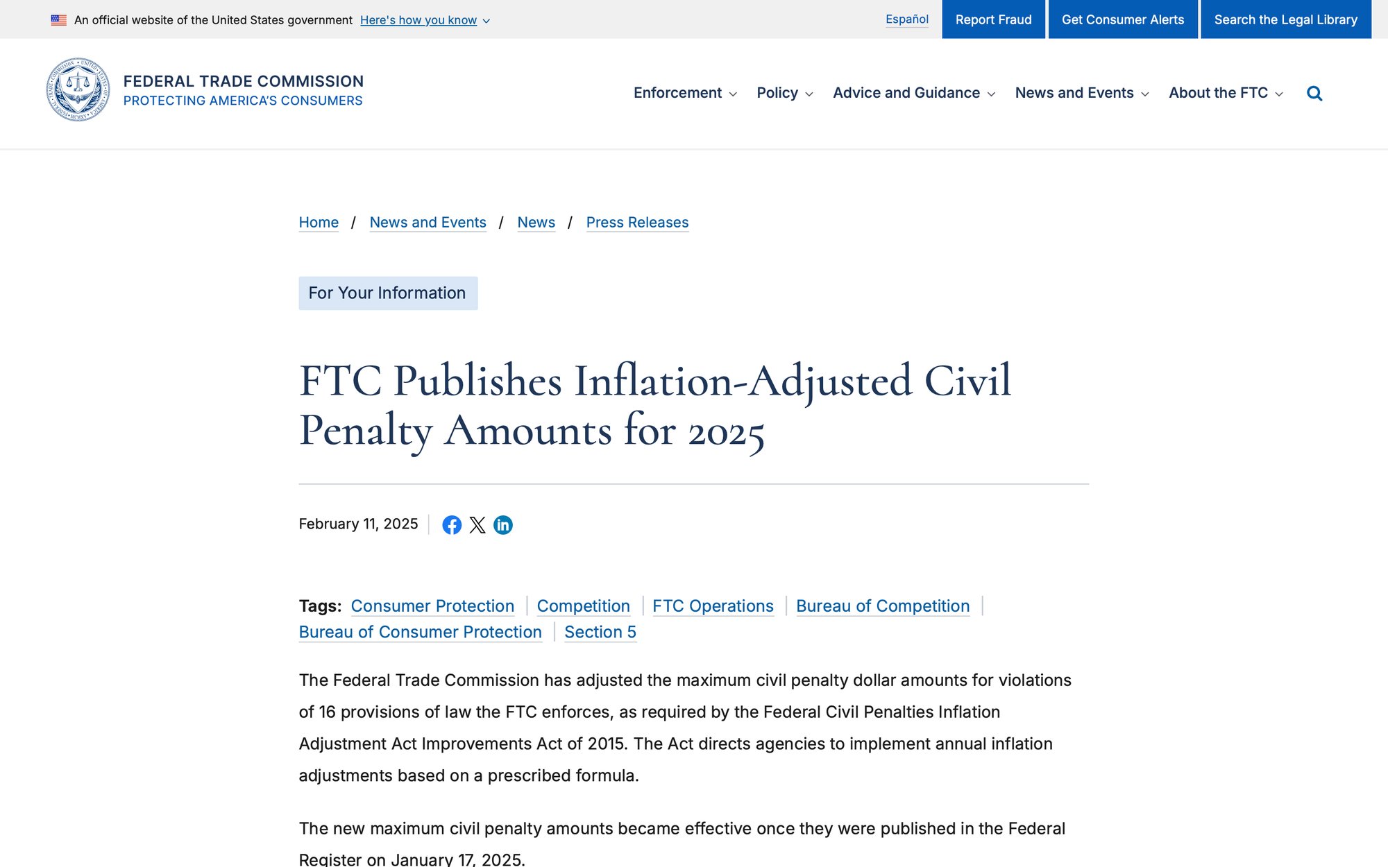 A webpage from the Federal Trade Commission announcing inflation-adjusted civil penalty amounts for 2025, dated February 11, 2025.