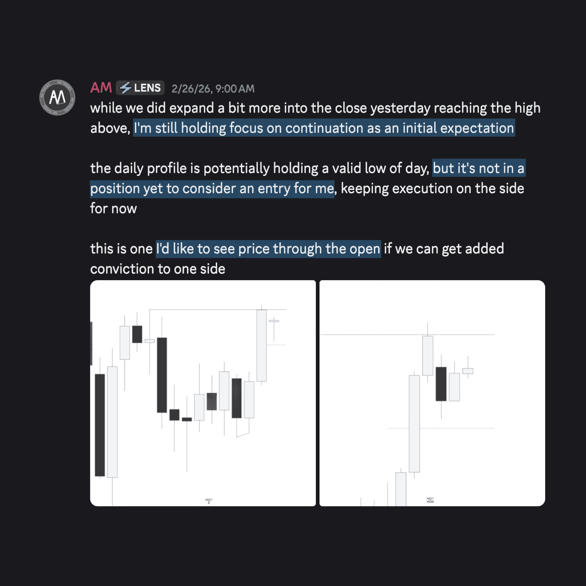 Discord screenshot of analysis channel from inside The Market Lens showing the option to wait through the open..
