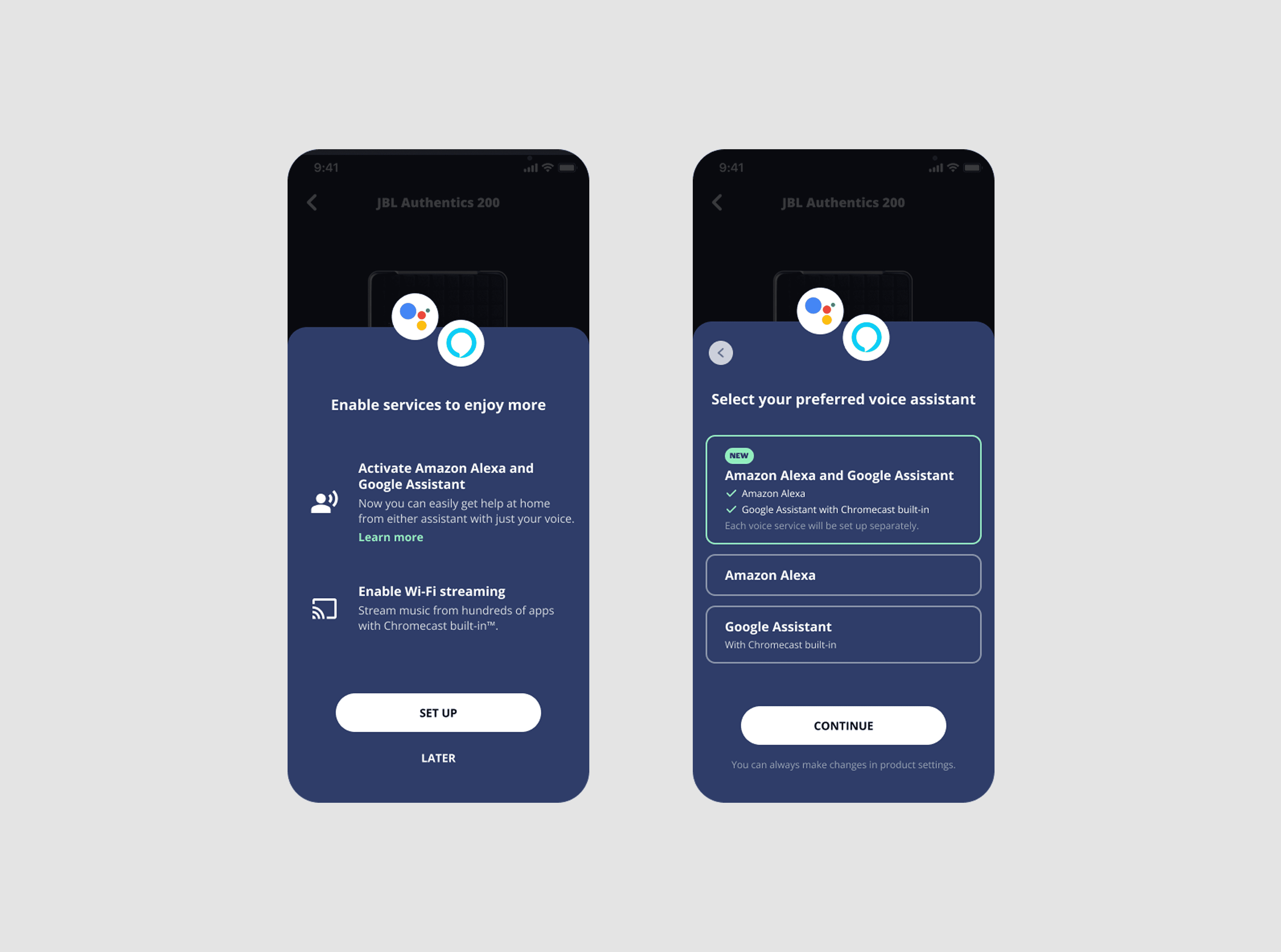Two onboarding screens: enabling services, then selecting a preferred voice assistant.
