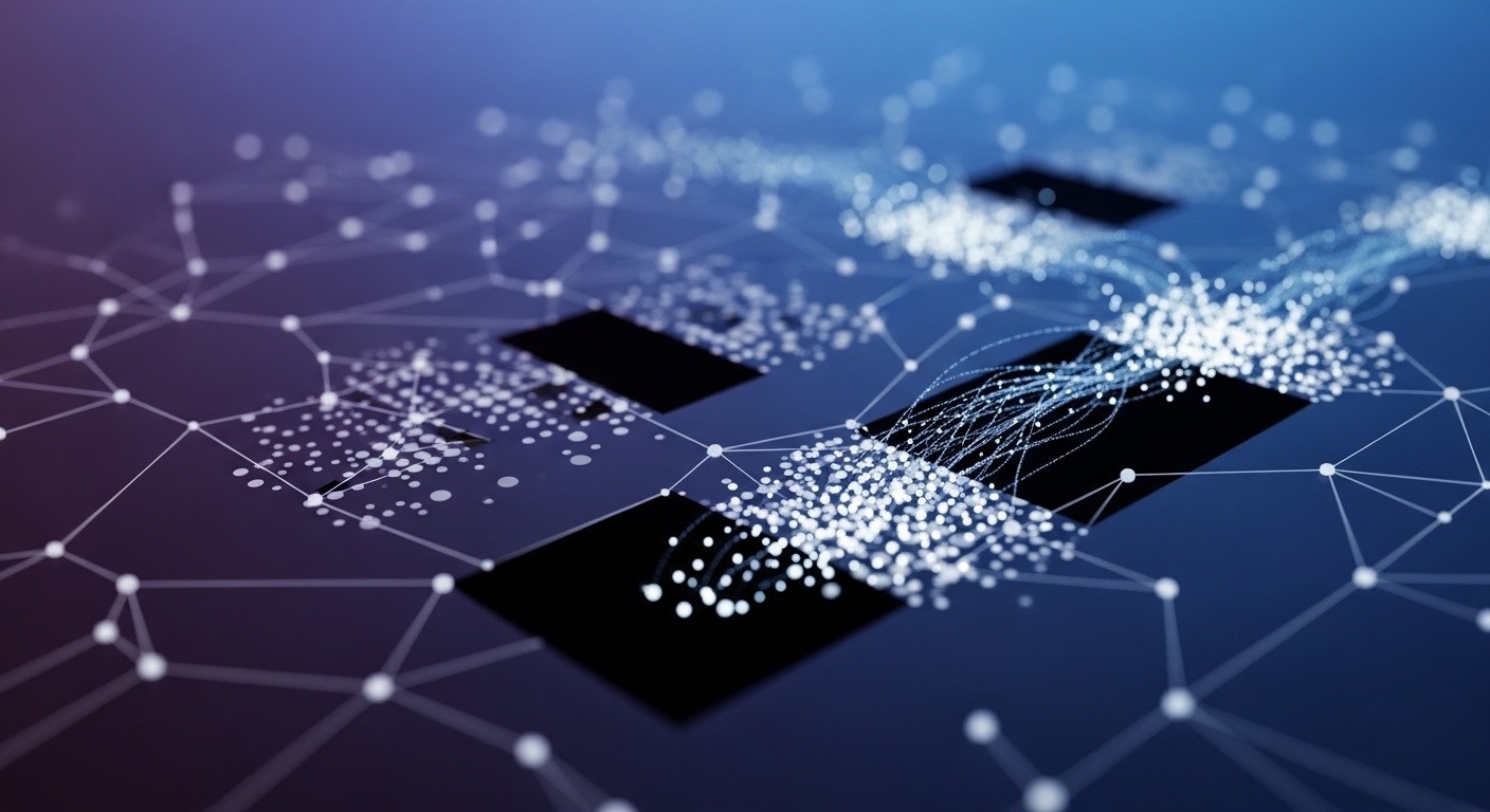 Abstract network of connected data nodes illustrating AI search visibility, entity analysis, and semantic mapping for B2B SEO.