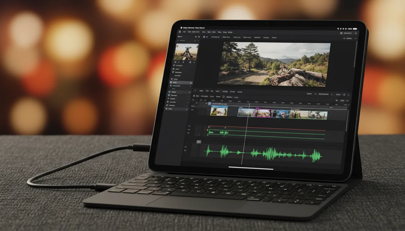 DSLR photo, close-up shot of an Apple iPad Pro with an attached keyboard resting on a dark textured fabric surface. The screen is brightly displaying the DaVinci Resolve video editing software in a modern dark mode. The UI features a video preview, a multi-track timeline with video clips, and vibrant green audio waveforms. A black USB-C cable is plugged into the side. Cinematic contrast lighting with warm, soft ambient tones. The background is heavily out of focus with a warm bokeh effect, shallow depth of field.