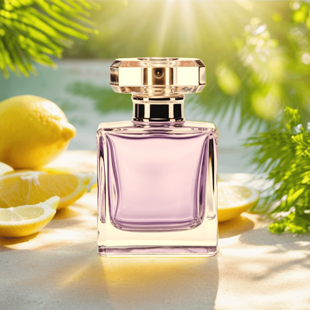 Perfume bottle in a tropical beach over the sand surround by fresh cutted lemons. Image generated by AI.