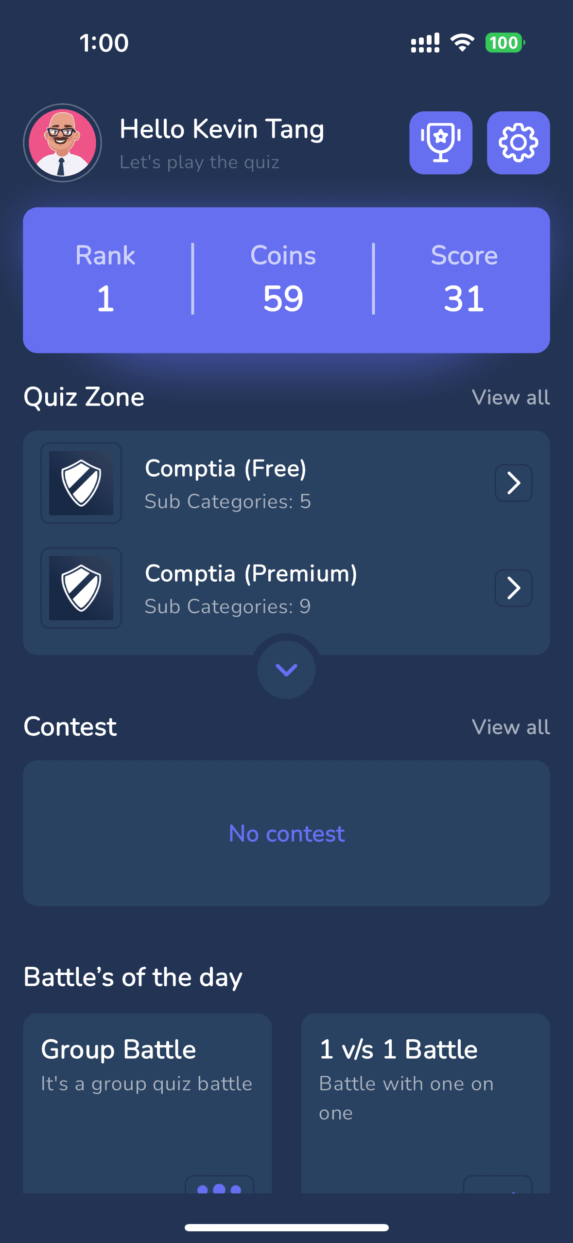 CyberExamPrep app dashboard showing user profile, coins, score, and access to CompTIA cybersecurity quiz zones and 1v1 battle modes