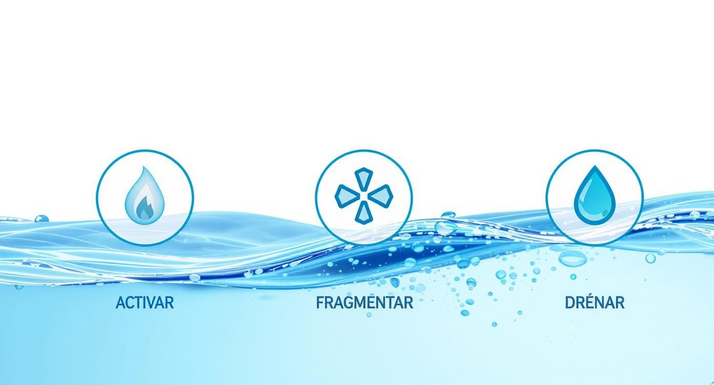 Proceso de tres pasos: activar con gota de fuego, fragmentar con ventilador, y drenar con gota de agua.