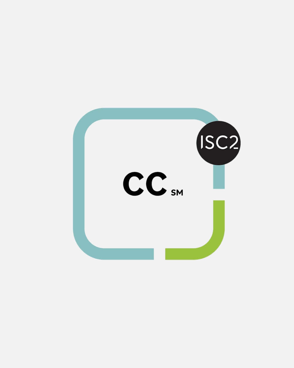 The image shows a clean, minimalist badge-style logo. In the center are the letters “CC” with a small “SM” mark next to them. The letters are enclosed within a rounded square outline made of two colored segments—light blue on the top/left and green on the bottom/right. In the upper-right corner, a small black circle contains the text “ISC2.”  The design appears to represent the ISC2 Certified in Cybersecurity (CC) credential badge, indicating certification in cybersecurity fundamentals.