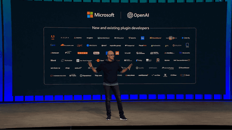 Satya Nadella giving a keynote address about future AI tools at Microsoft Build 2023.