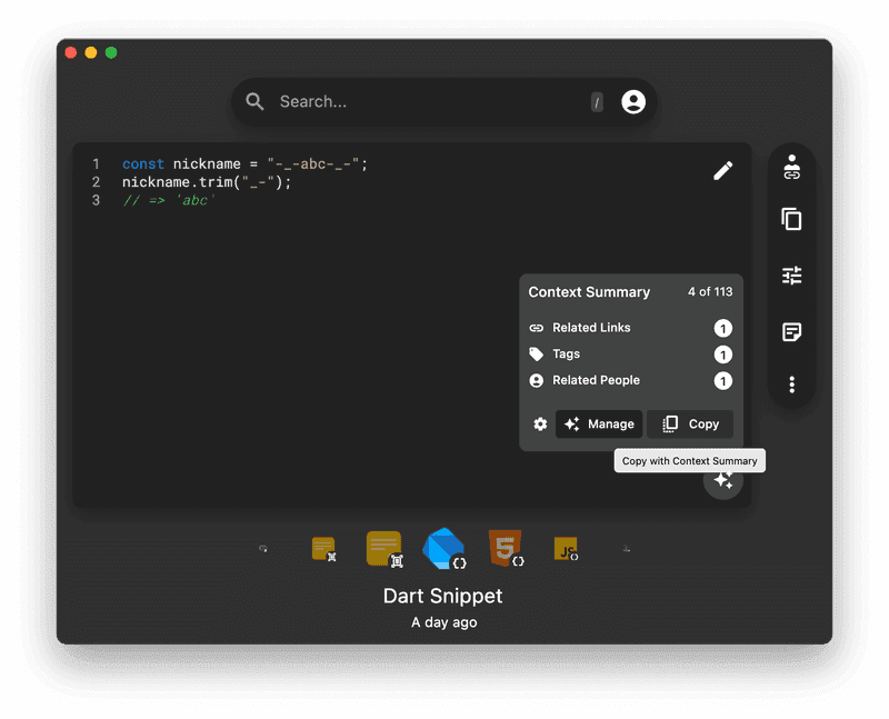 The option to copy your snippet with its context in the Pieces desktop app.