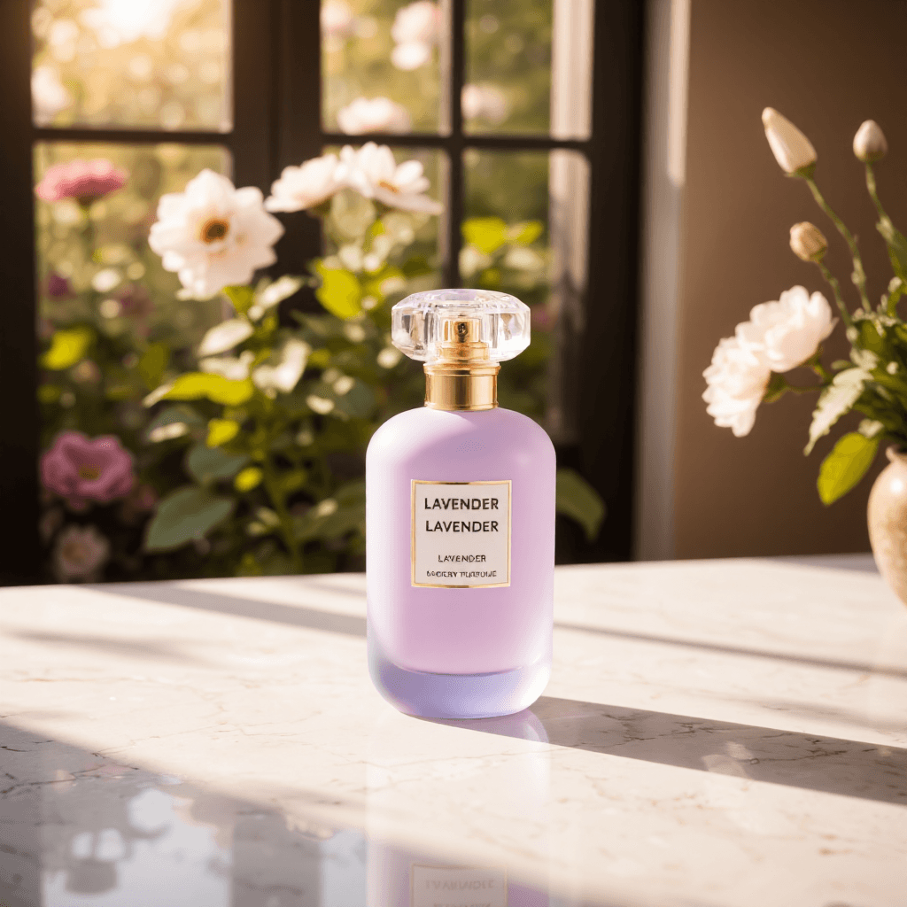 product photography of a bottle of perfume, used for personal fragrance, featuring a round shape with a decorative design