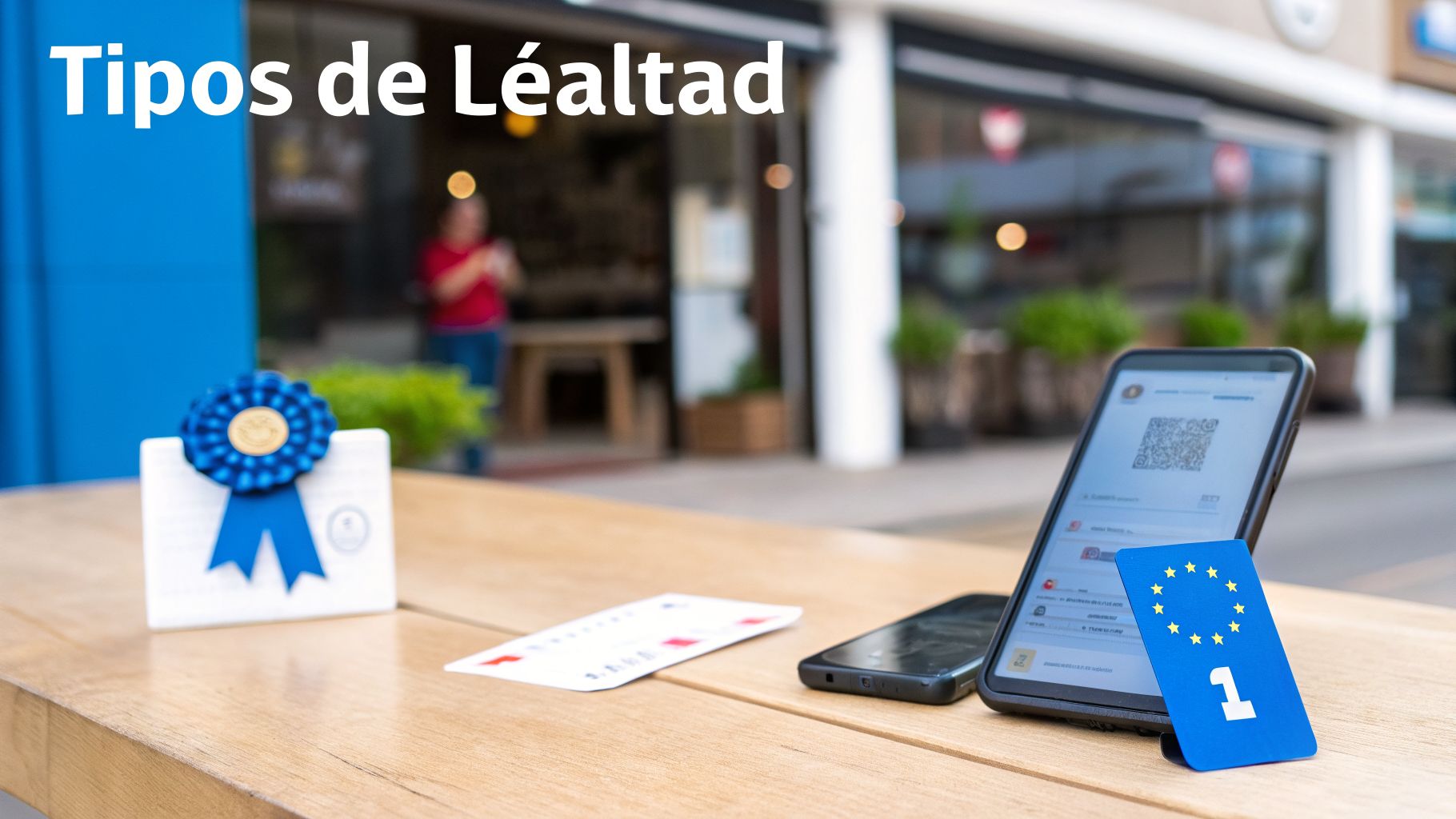Una mesa con objetos relacionados con la lealtad: un premio de cinta azul, un smartphone con código QR y una tarjeta azul. Texto: Tipos de Lealtad.