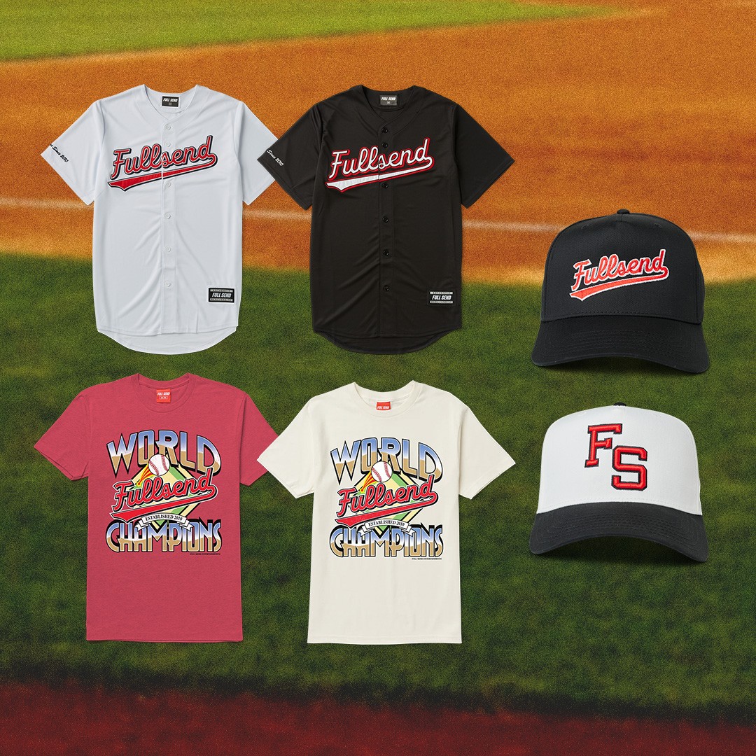 A collection of team apparel featuring shirts and caps displayed on a baseball field background.