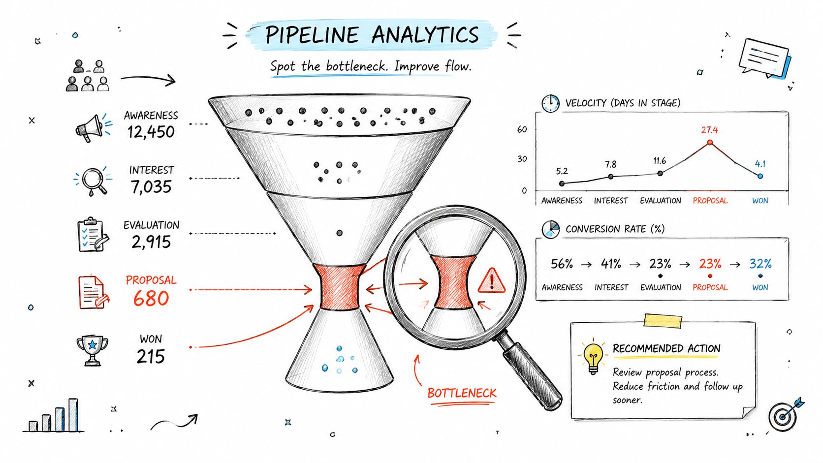 A diagram illustrating pipeline analytics, showing stages of a sales funnel with bottlenecks and performance metrics.