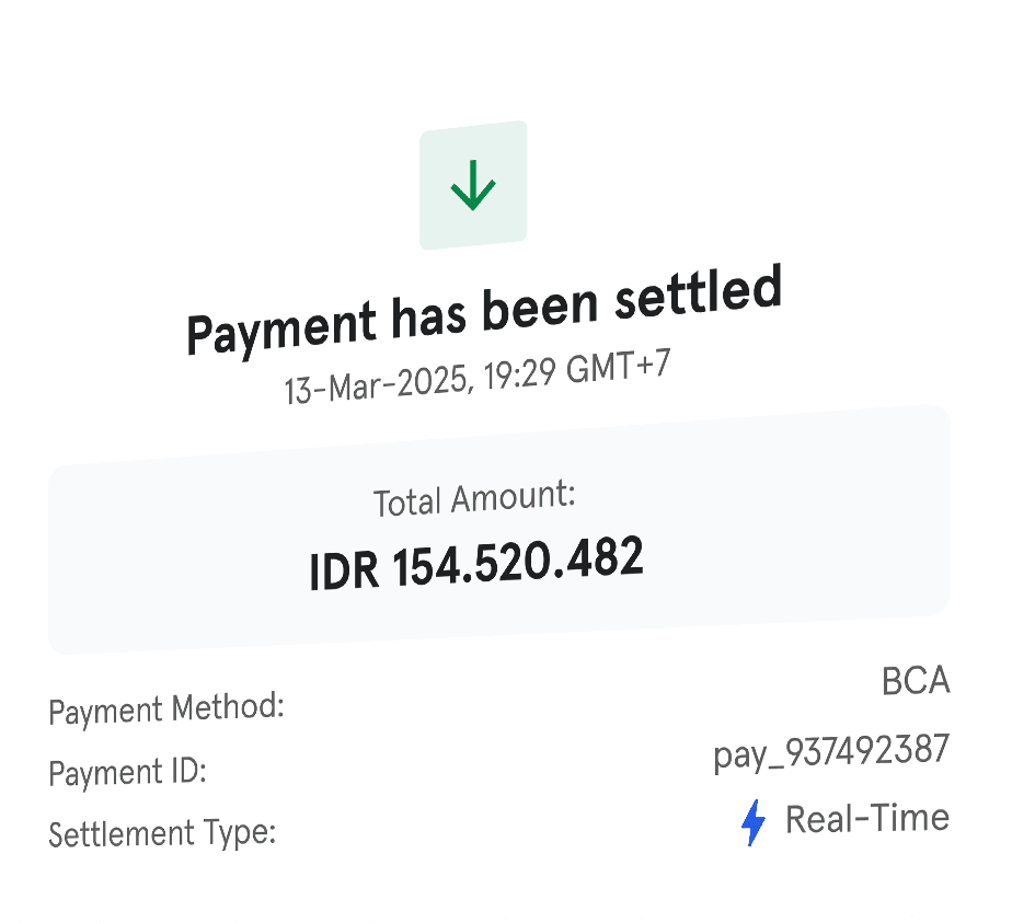 Notification indicating payment has been settled instantly via Durianpay’s real-time settlement