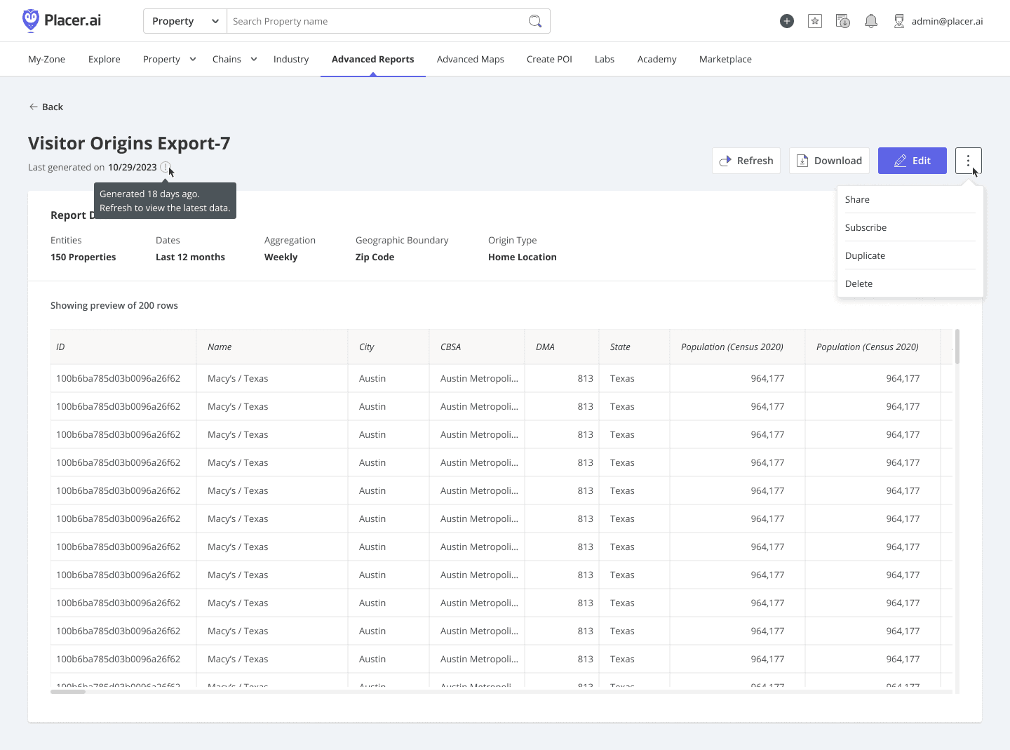 A generated report preview