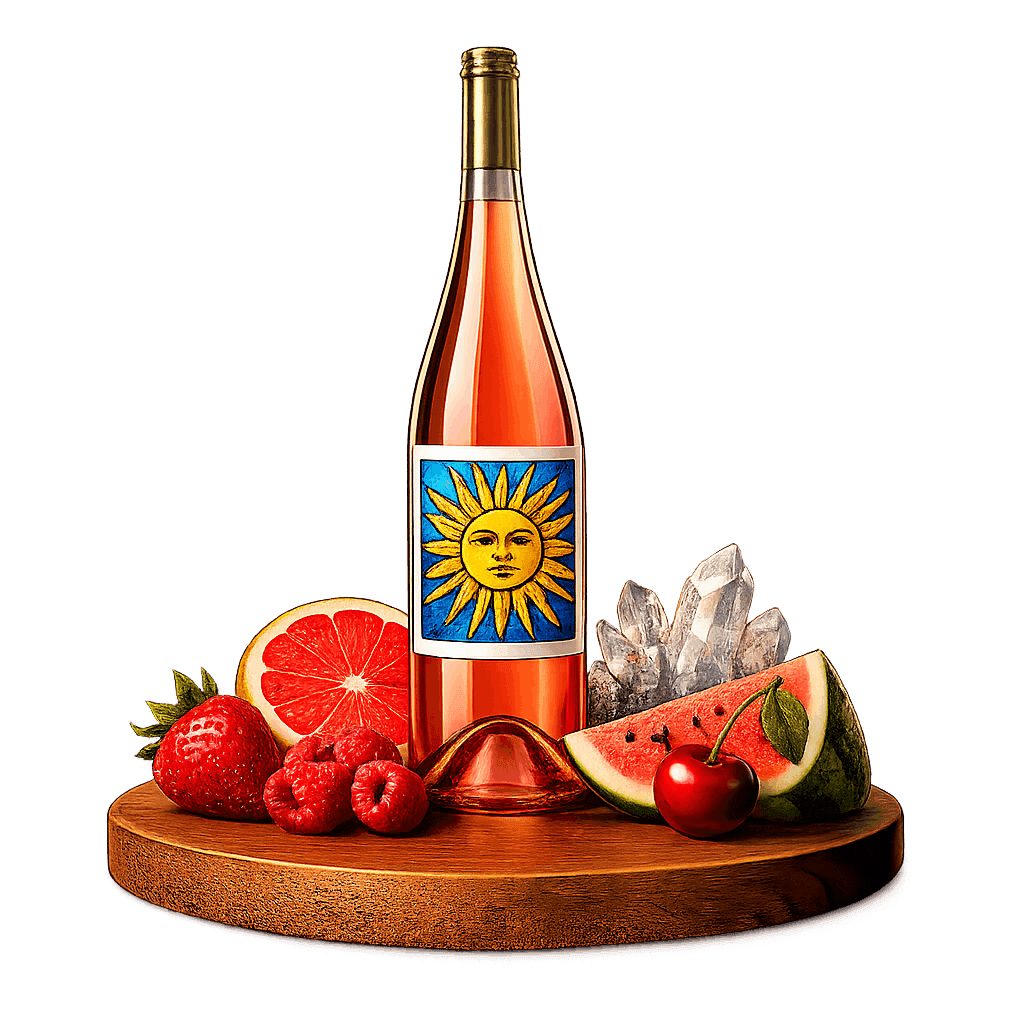 Artistic label and flavor profile for Uruguayan Rosé on a rustic wooden table.