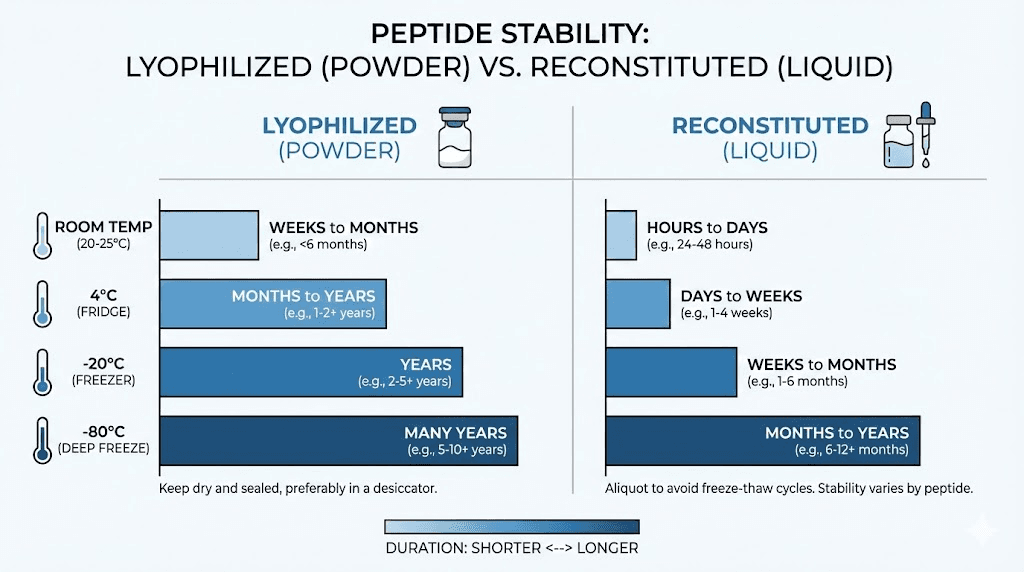 Peptide storage temperature chart showing shelf life at different temperatures