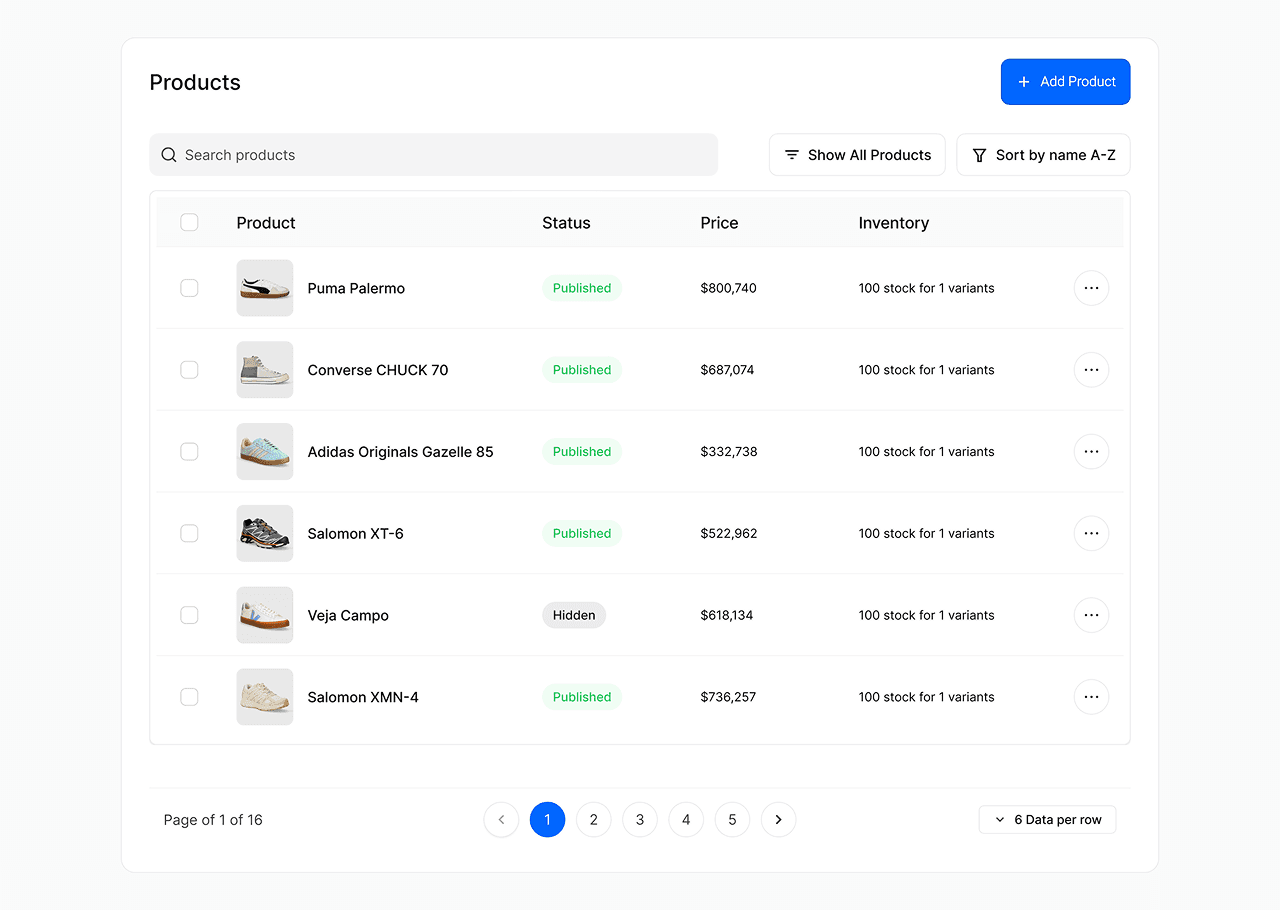 A user interface displaying a table with categories, statuses, and action buttons for various items.