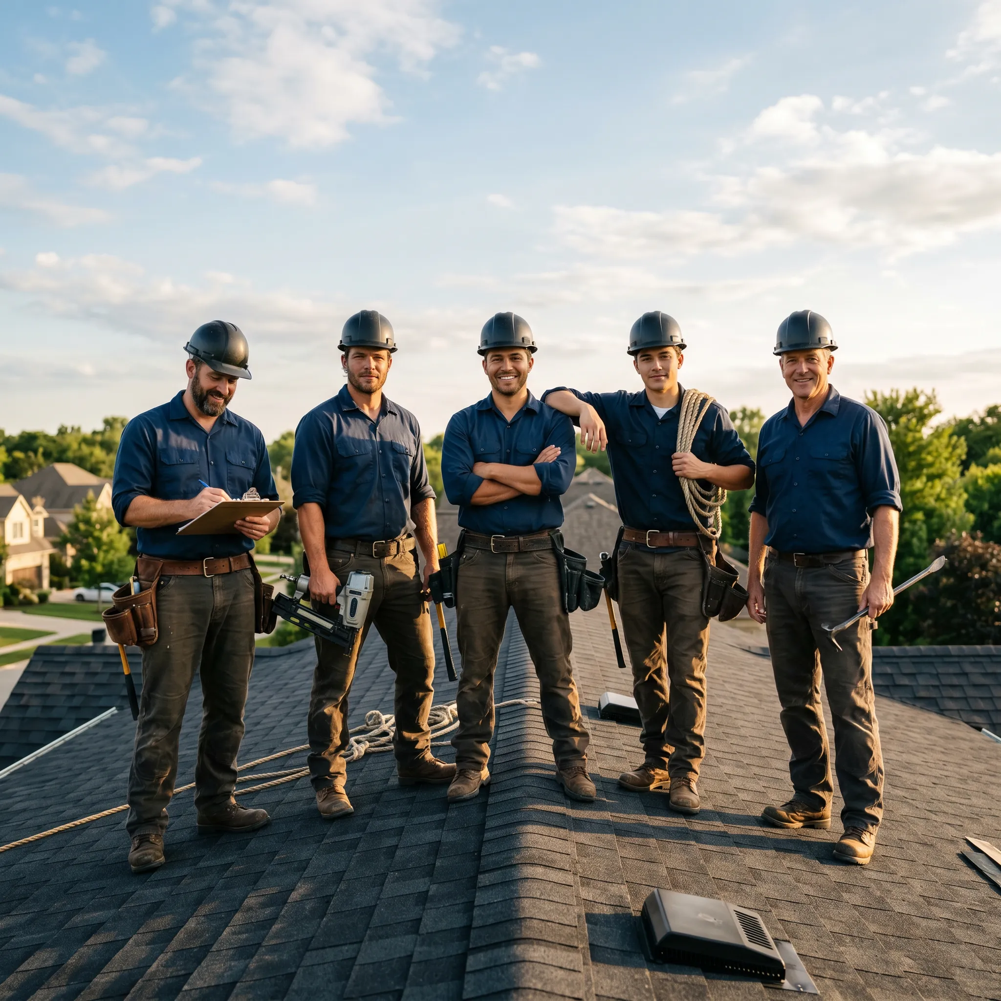 Team of five roofers in hard hats standing on a residential roof.