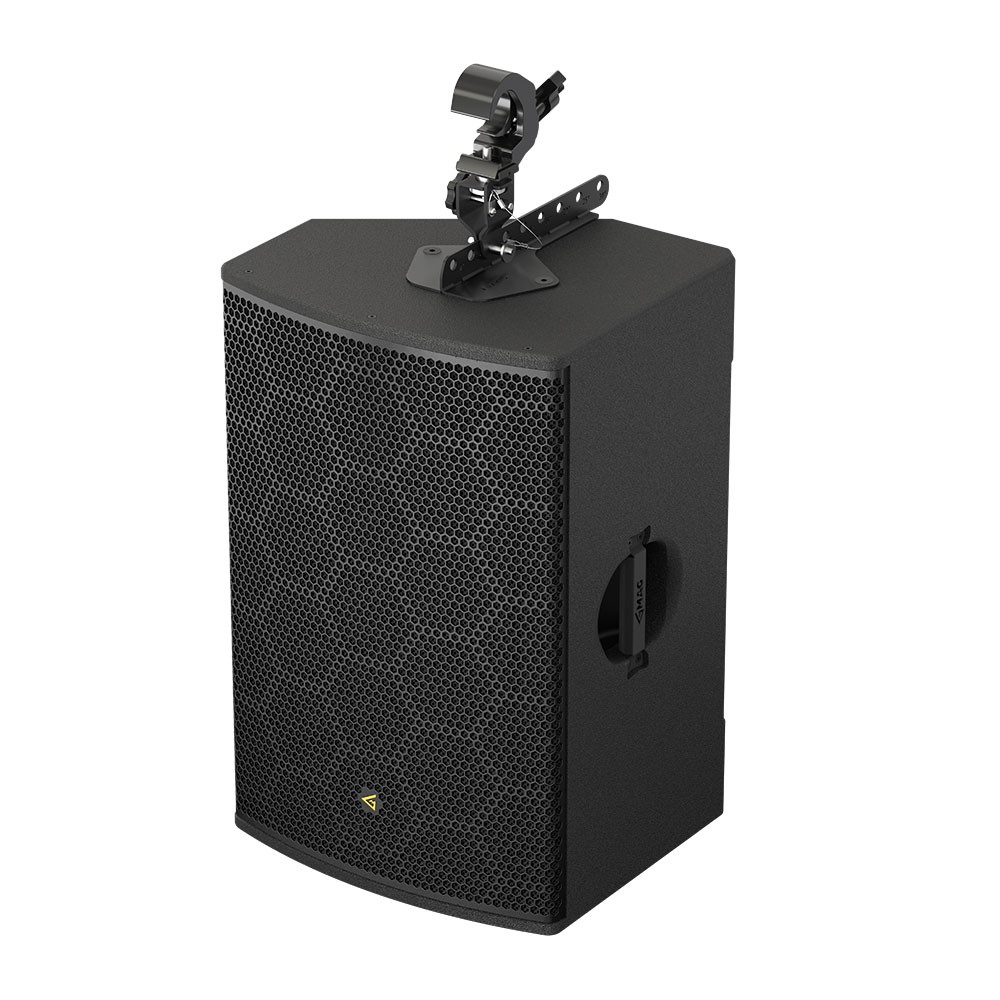 Black speaker with mounting bracket on top.