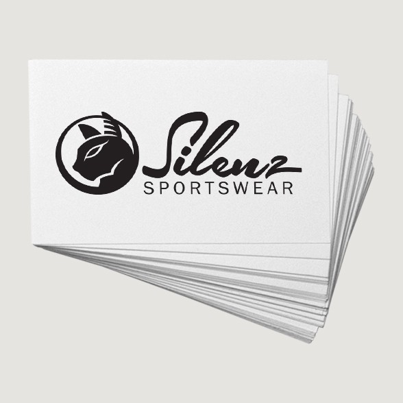 Stack of business cards showcasing Silenz Sportswear logo in black and white.