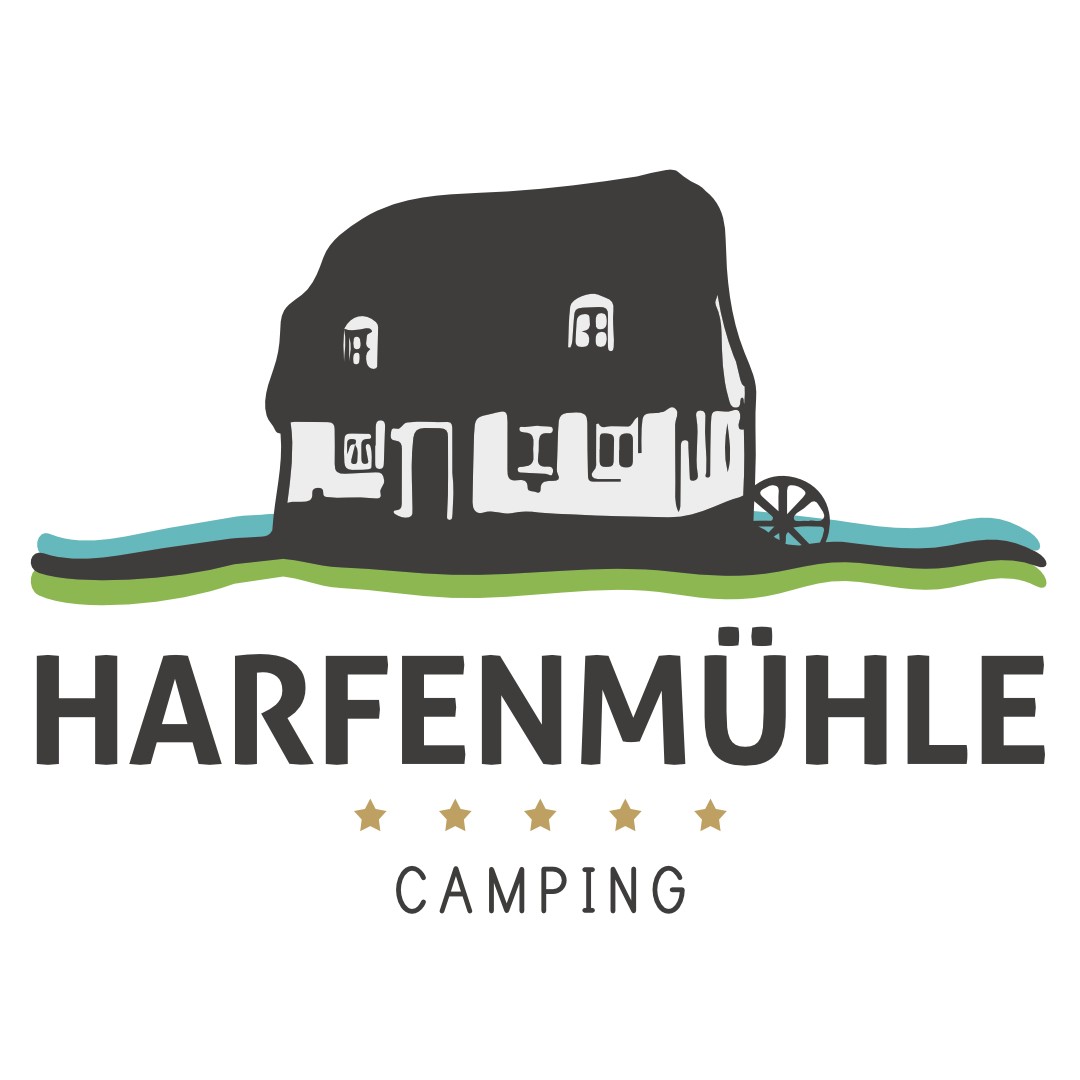Logo Harfenmühle, old mill with wavy lines in blue and green with 5 stars