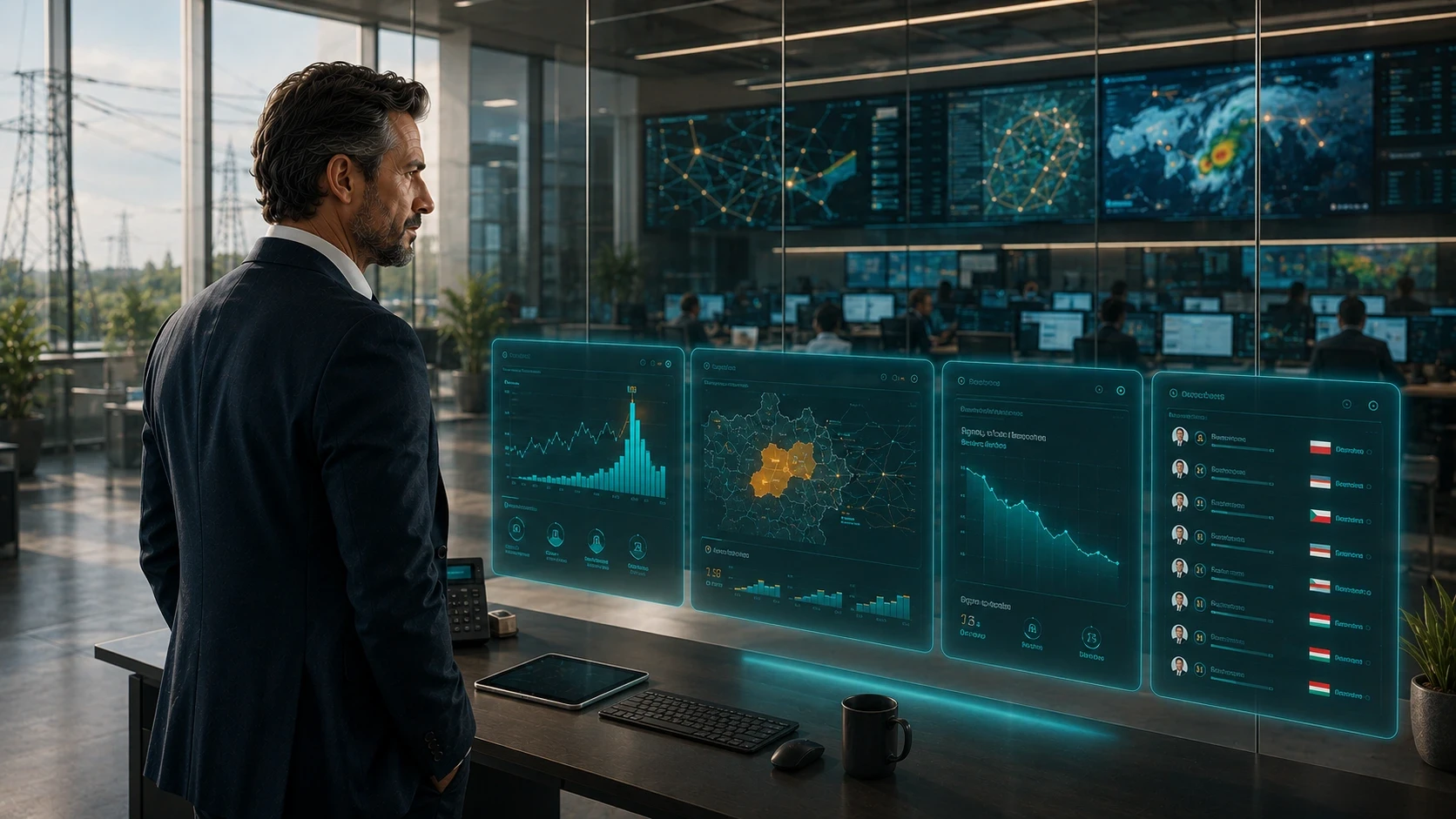 An executive stands in a modern electricity utility operations center, monitoring an AI-powered control platform displayed as transparent holographic dashboards. The interface shows power grid performance, regional network status, outage analytics, operational metrics, and field team coordination, while large wall-mounted displays visualize real-time transmission networks, weather conditions, and grid activity. Control room staff work in the background, highlighting AI-driven utility operations, grid monitoring, outage management, and infrastructure performance in a high-tech enterprise environment.