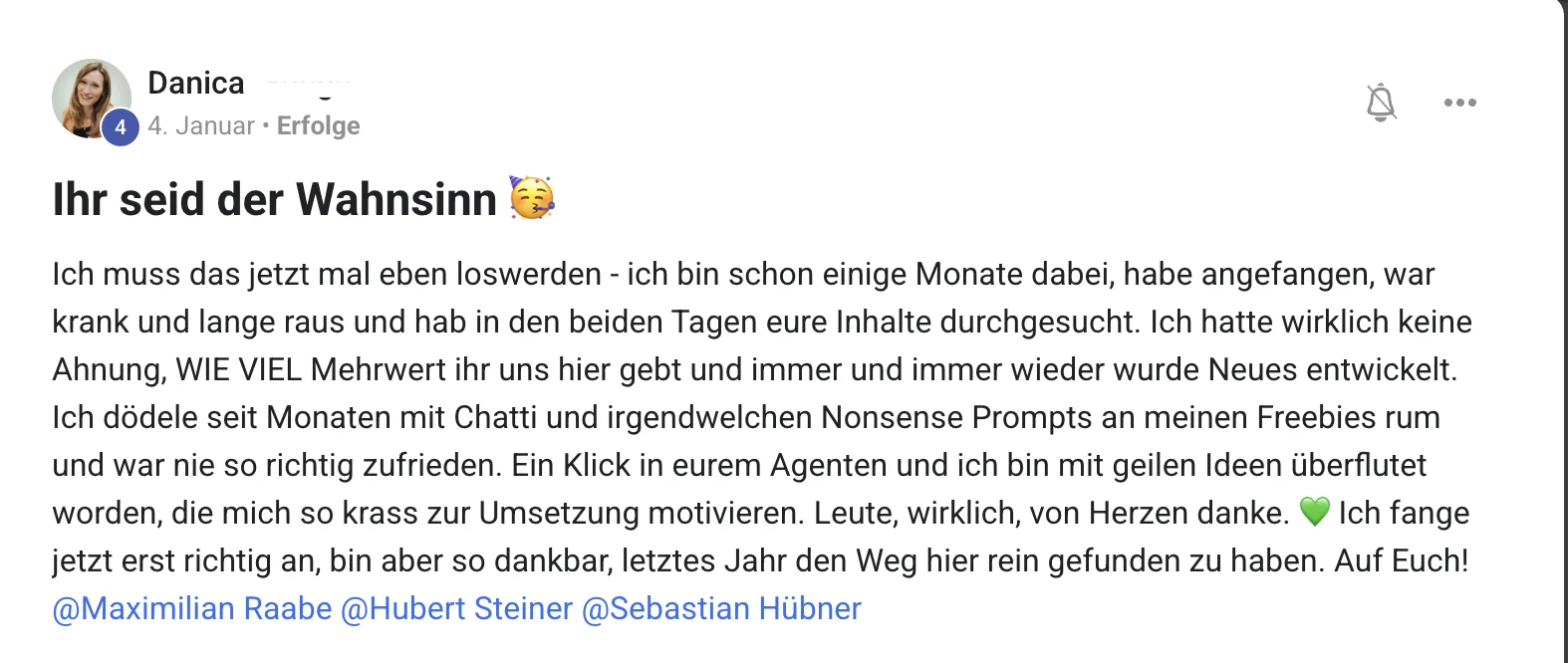 Mitglied der KI Creator Akademie: Danica bedankt sich für den Mehrwert des KI-Agenten