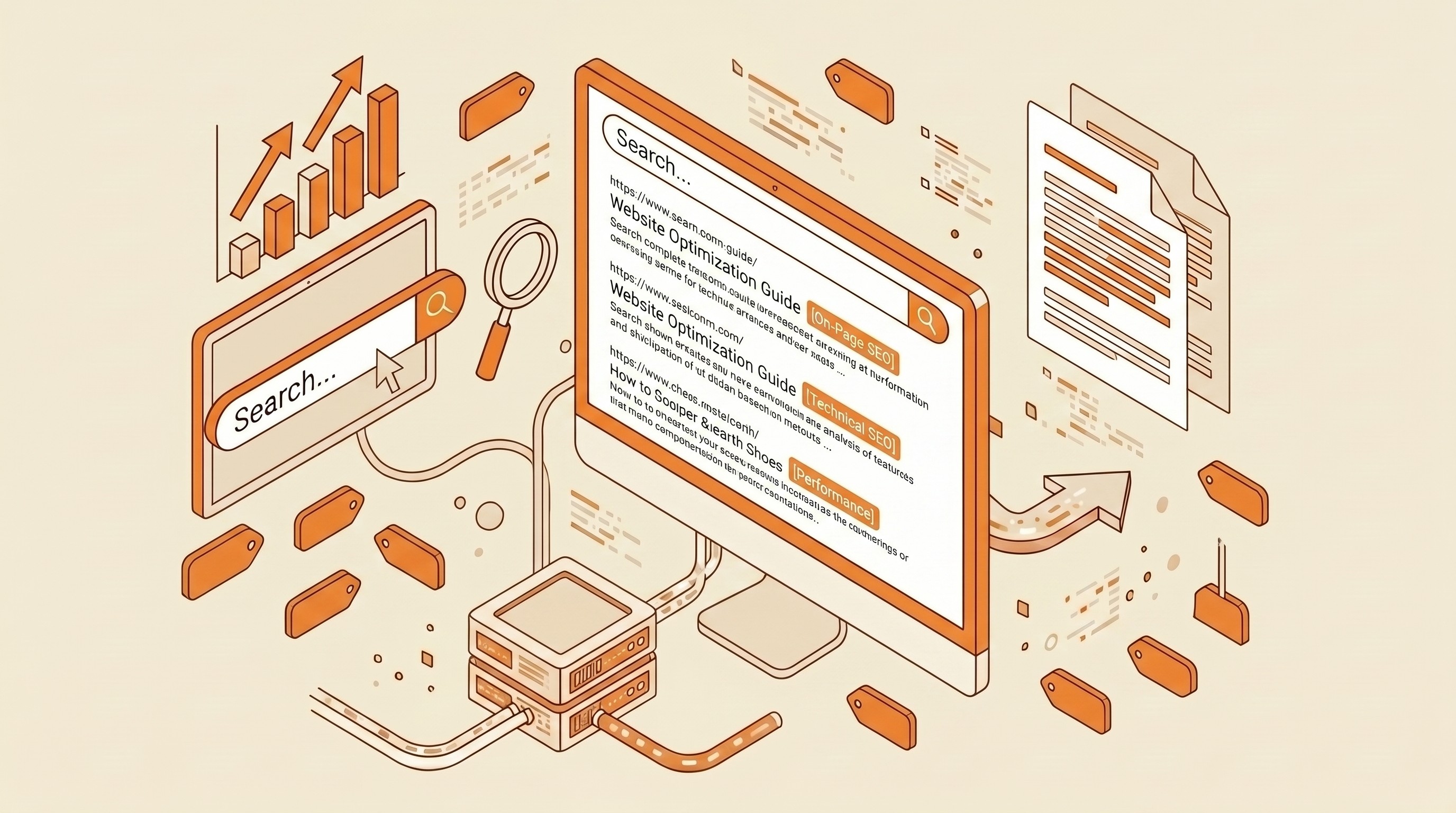Ilustrasi monitor komputer menampilkan hasil riset kata kunci SEO dengan grafik data dan kaca pembesar