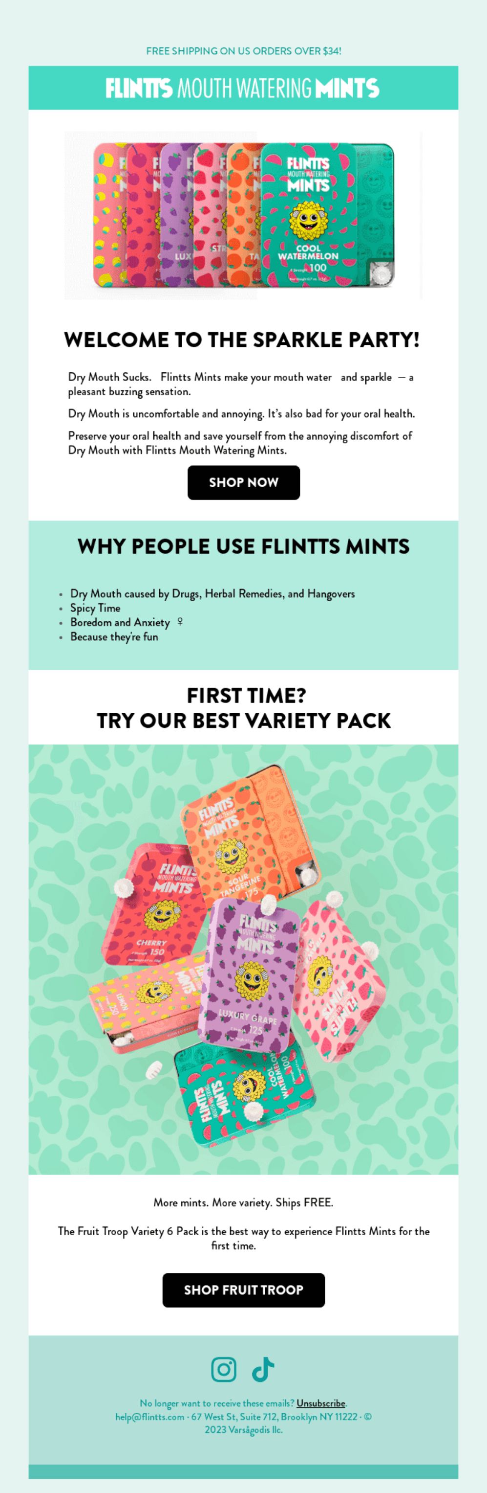 A visually vibrant email showcasing Flintts Mints, highlighting their variety pack, benefits like relieving dry mouth, and offering free shipping on orders over $34. Includes colourful images of the mints and a strong call-to-action to shop now.