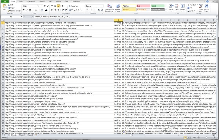 Final version of 301 redirects from sitemap in Excel