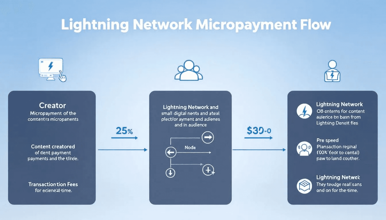 The image illustrates the Lightning Network micropayment flow, showcasing how creators can connect directly with their audiences through decentralized platforms. This system enhances the creator economy by enabling fair compensation and automating royalty payments, while leveraging blockchain technology for secure and efficient transactions.