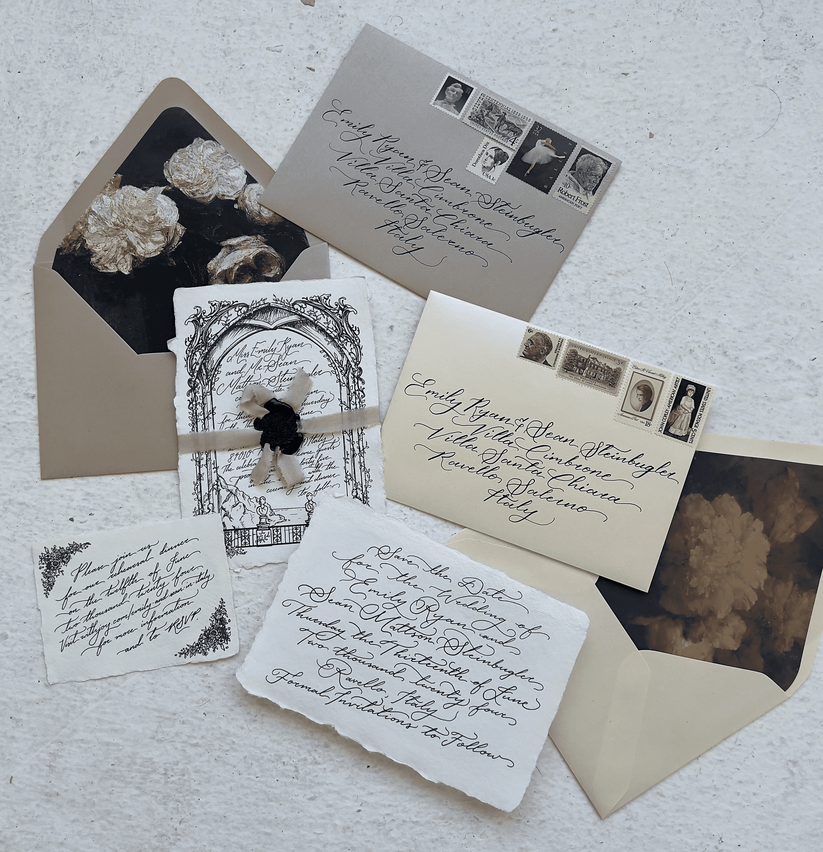 Moody, neutral custom wedding invitations with texture and calligraphy.