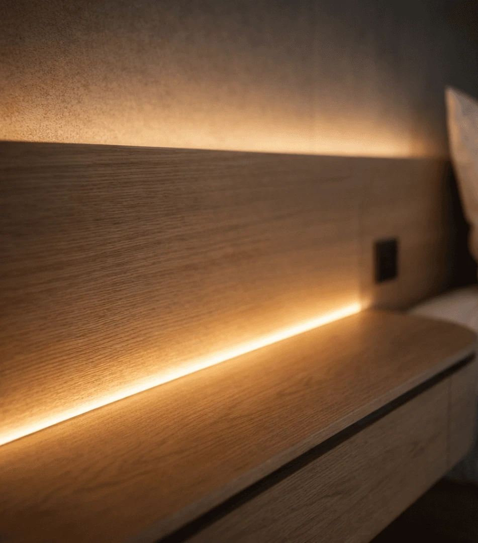 Holzregal mit Fachböden, die mit einem 8 mm COB-LED-Band beleuchtet sind