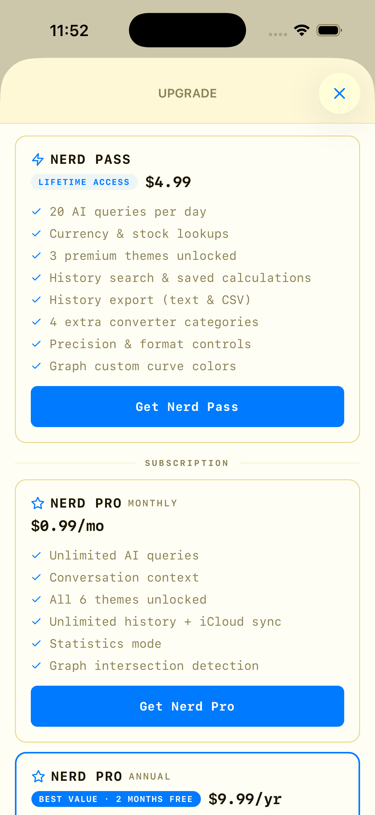 Maffs paywall showing Nerd Pass and Nerd Pro tiers with Terms of Use and Privacy Policy links at the bottom