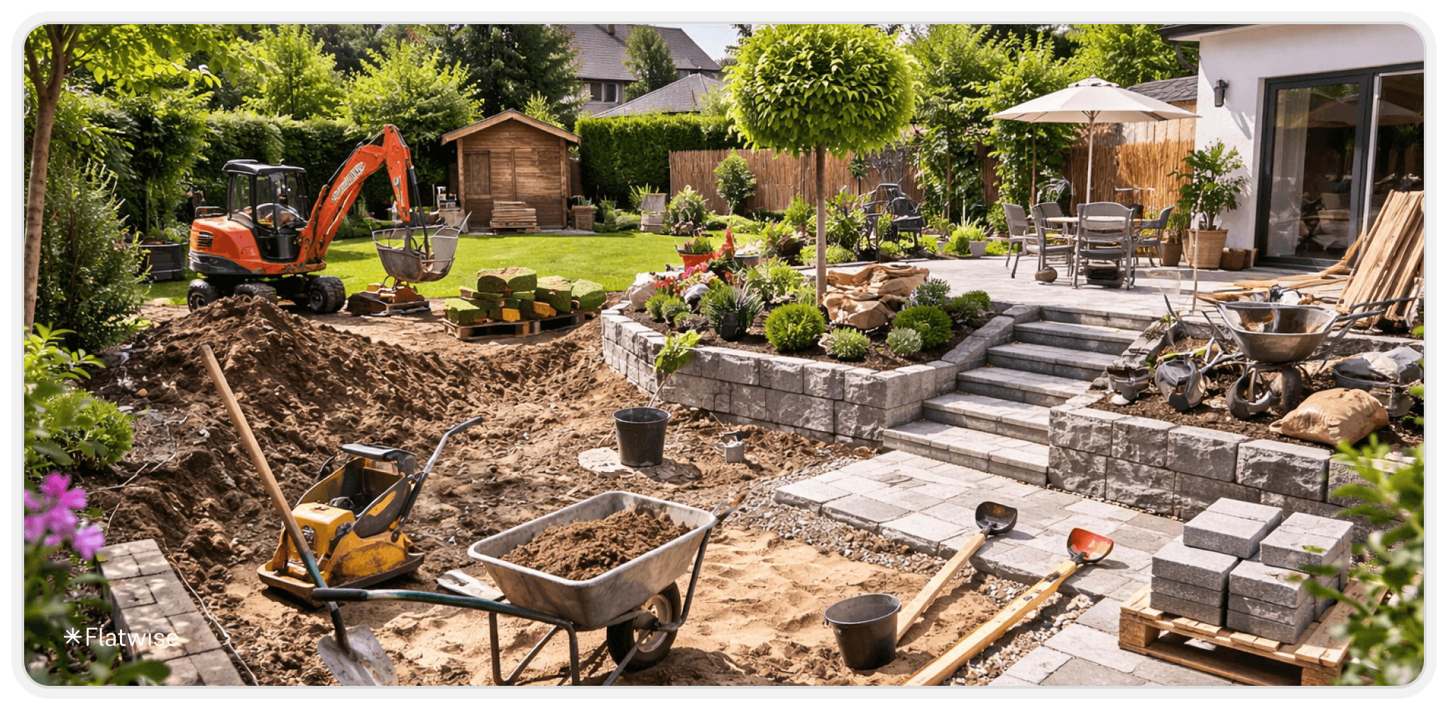 Das Bild zeigt einen Garten mit einer Baustelle und vielen Werkzeugen sowie Geräten.