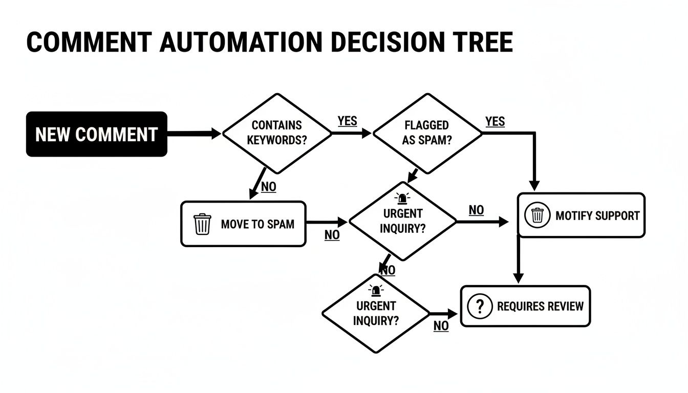 A flowchart illustrating a comment automation decision tree, guiding new comments through keyword, spam, and urgency checks.