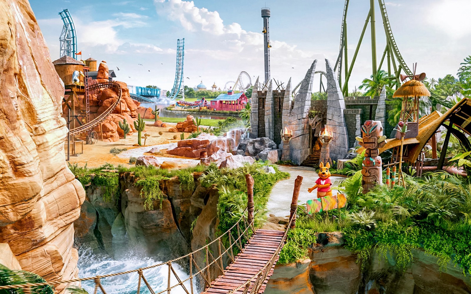 Panorámás kilátás a belga Walibi parkra, hullámvasutakkal és buja zöldellő növényzettel.