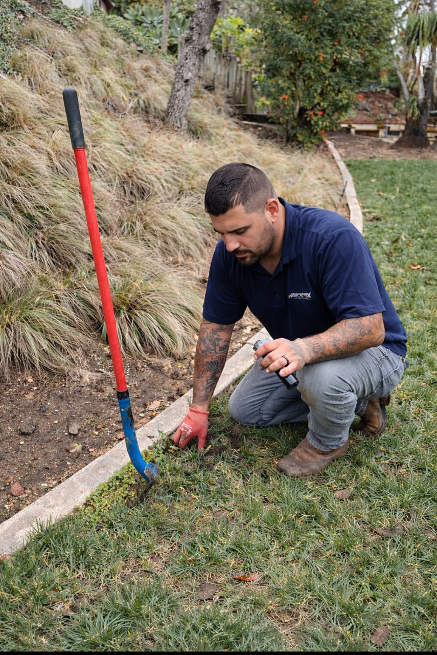A professional irrigation technician carefully performing a sprinkler repair within a lawn, demonstrating the hands-on precision of our service process.