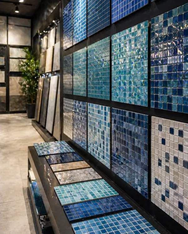 Πλακάκια πισίνας σε εκθεσιακό χώρο showroom στα Μεσόγεια με επιλογές υλικών για ανακαίνιση πισίνας