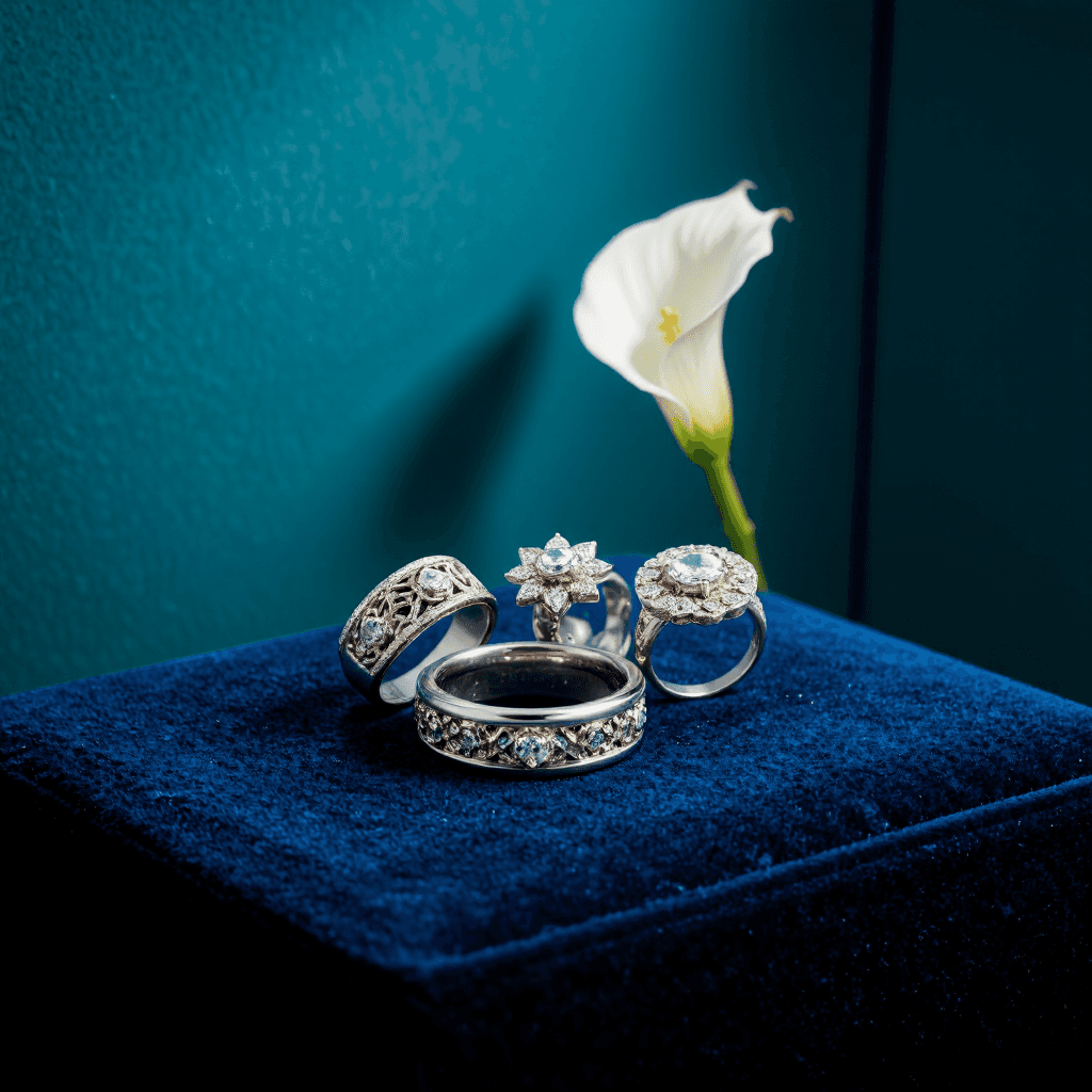 product photography of a set of decorative rings, typically used as jewelry