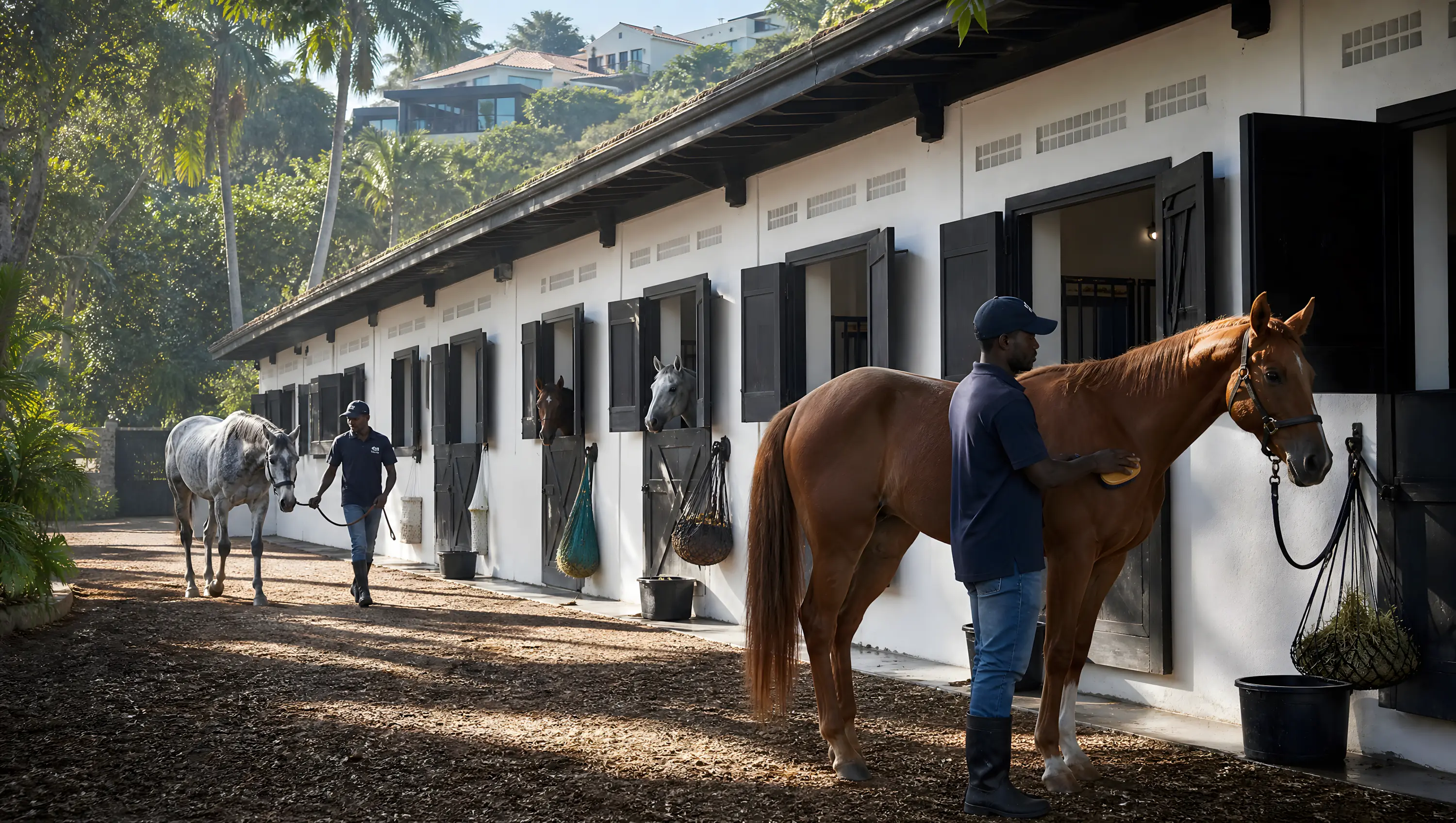 Rendered stable block with grooms tending horses at open stall doors, palms and hillside homes behind