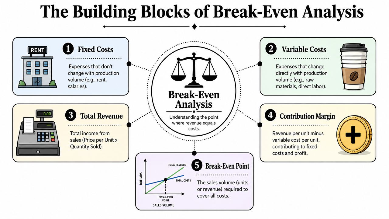 A diagram illustrating the building blocks of break-even analysis including fixed costs, variable costs, revenue, and point.