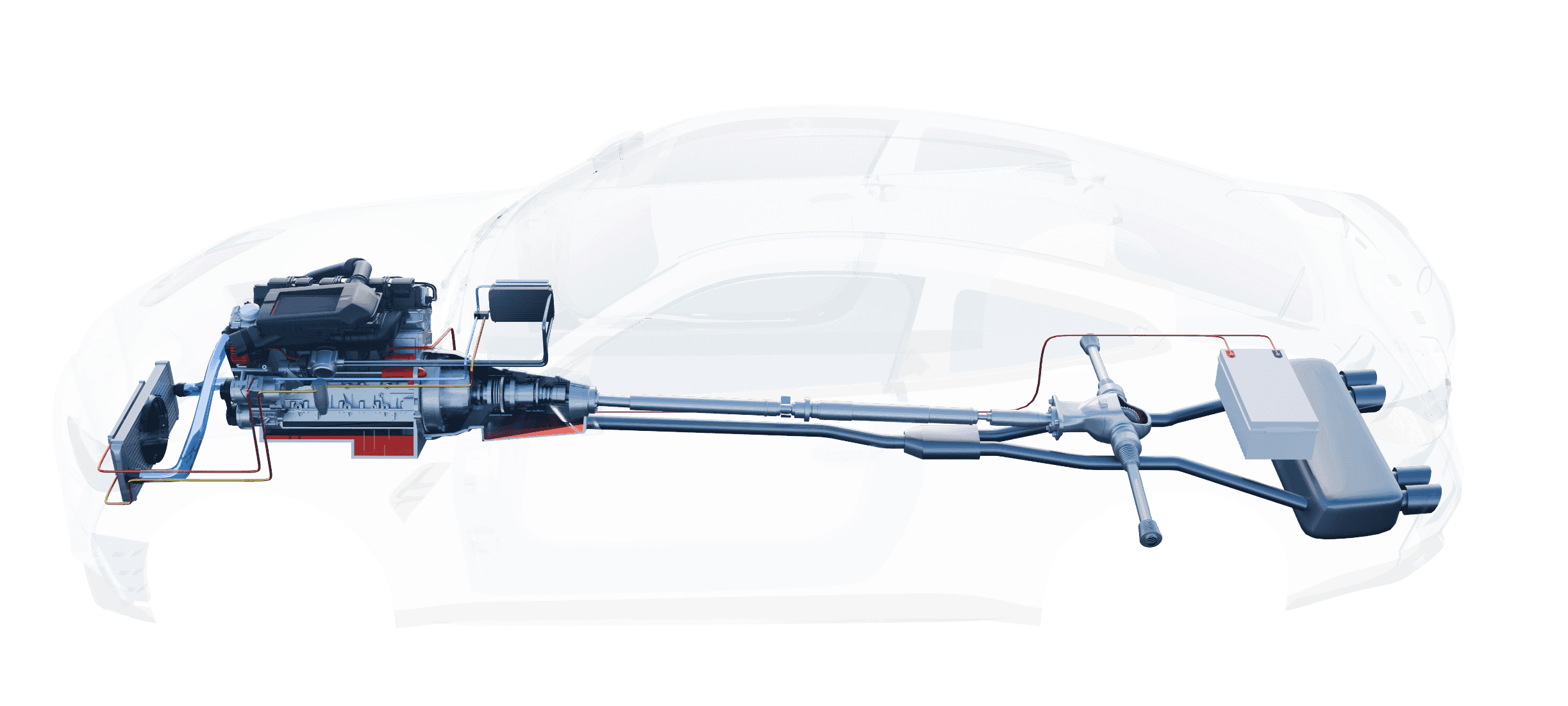 Cutaway view of a European car powertrain showing engine, transmission and driveshaft