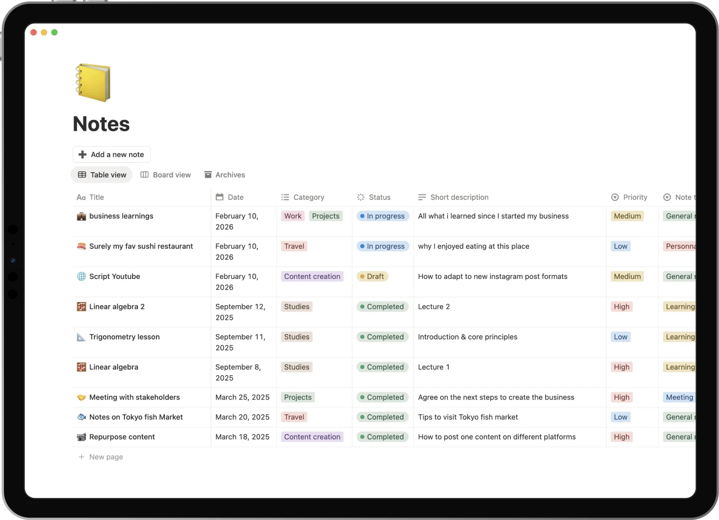 Ipad displaying the Notes template: Gather all your notes in the same place.