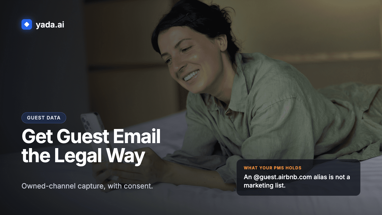Woman lying on a bed smiling at her phone, beside the title Get Guest Email the Legal Way