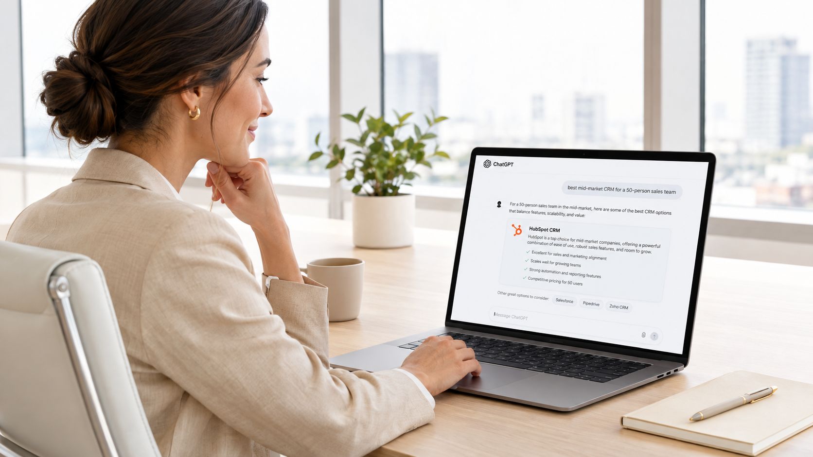 A businesswoman sitting at a desk and using a laptop to view CRM software recommendations on ChatGPT.