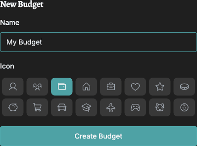 Creating a new budget in Budgetpeer with name field and icon picker