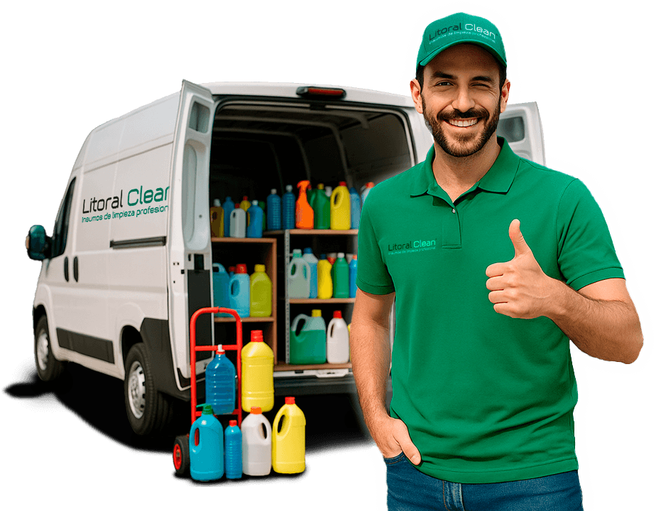 Entregador frente a su camioneta de entrega llena de productos de limpieza