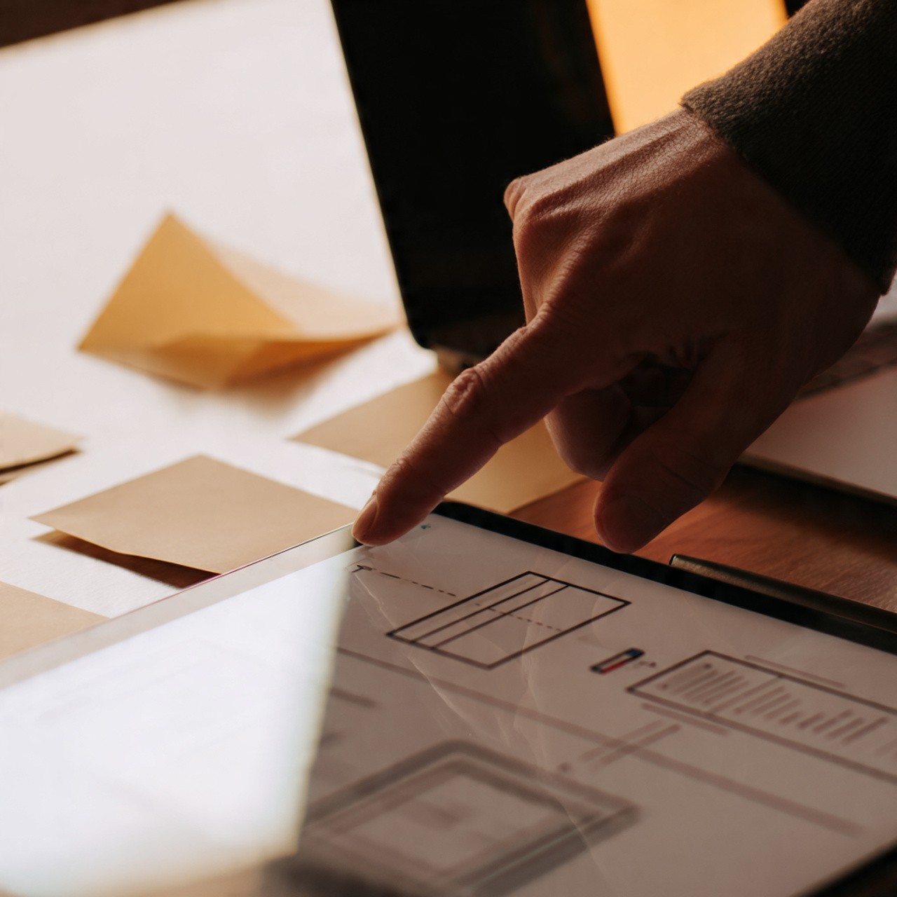 Hand pointing to a design layout on a tablet screen, planning in progress.