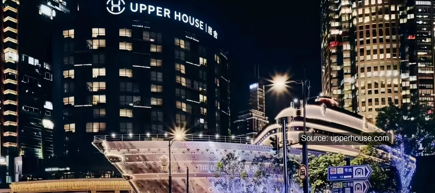 Upper House Shanghai – hotel exterior at night